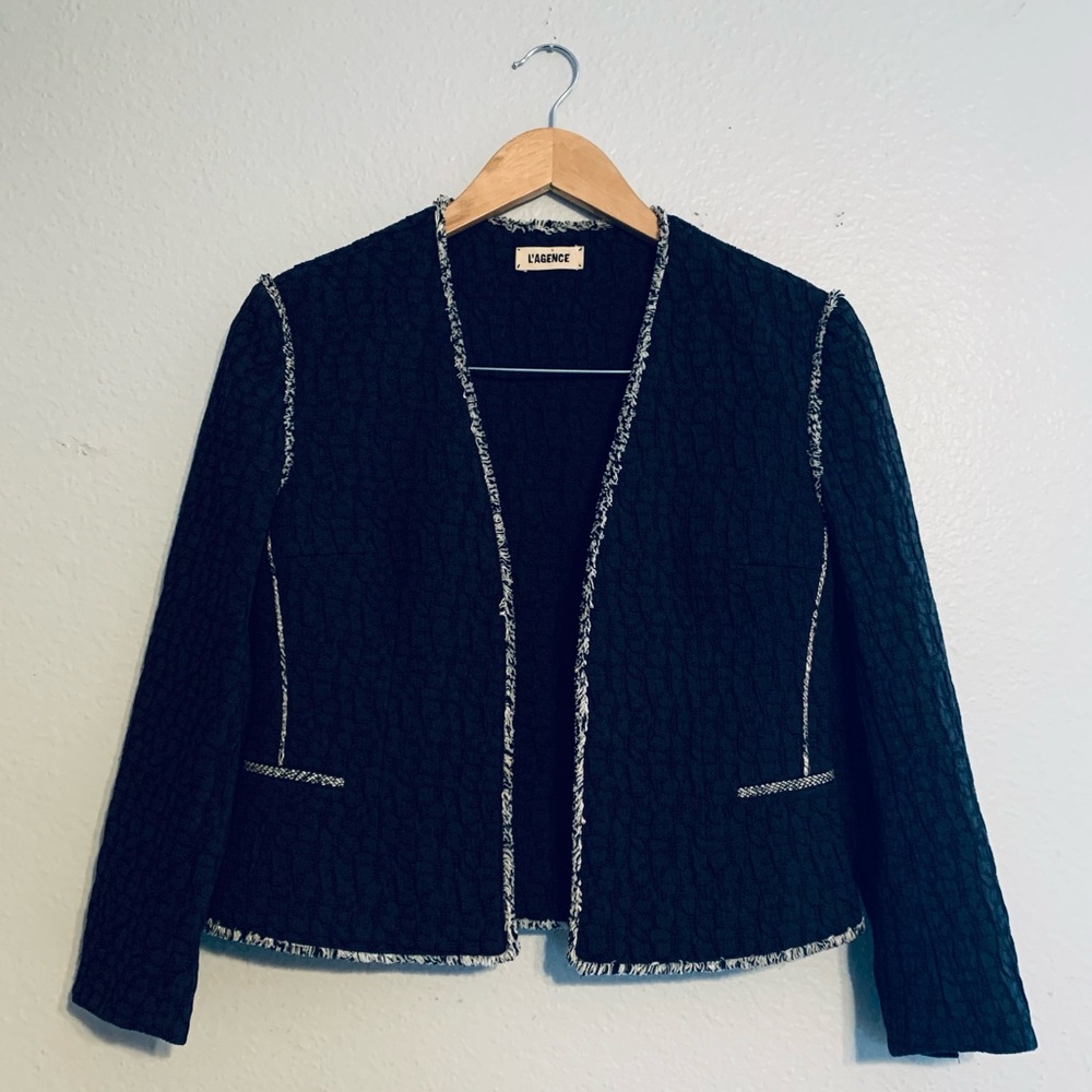 L'AGENCE Black Textured Open Blazer with Fringe Trim